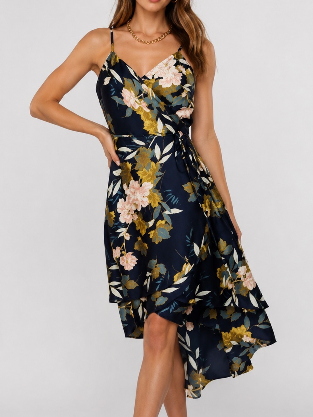 Baltic Born Steffi Tulip Wrap Dress Floral High Low Midi Dress Black Large
